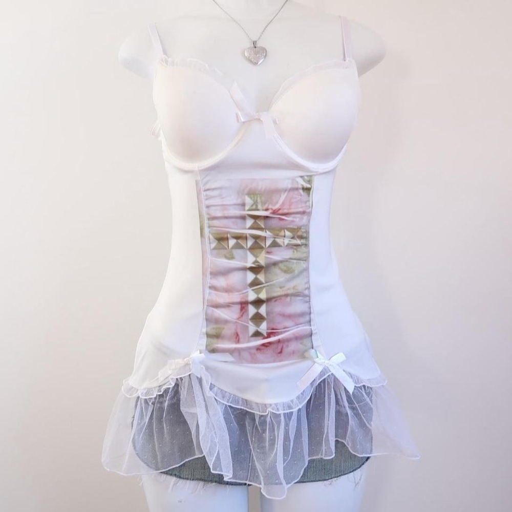 y2k white corset top rose cross graphic lace mesh coquette goth size m